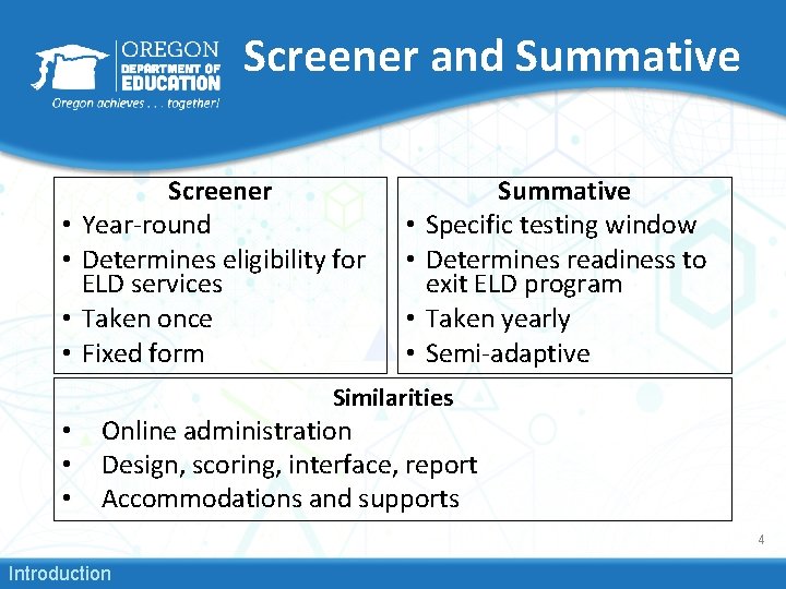 Screener and Summative • • Screener Year-round Determines eligibility for ELD services Taken once
