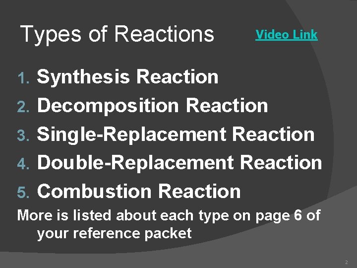 Types of Reactions 1. 2. 3. 4. 5. Video Link Synthesis Reaction Decomposition Reaction