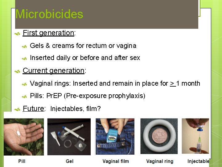 Microbicides First generation: Gels & creams for rectum or vagina Inserted daily or before