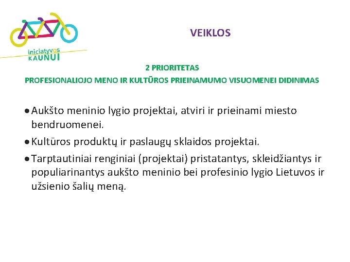 VEIKLOS 2 PRIORITETAS PROFESIONALIOJO MENO IR KULTŪROS PRIEINAMUMO VISUOMENEI DIDINIMAS Aukšto meninio lygio projektai,