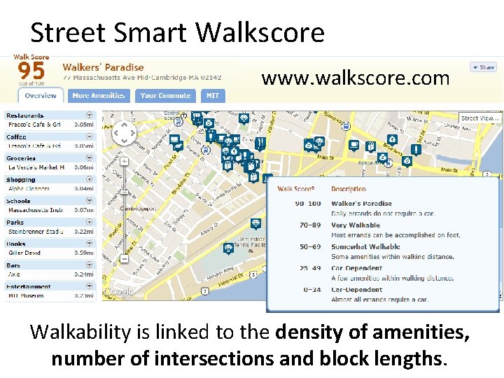 Street Smart Walkscore www. walkscore. com Walkability is linked to the density of amenities, Street Smart Walkscore www. walkscore. com Walkability is linked to the density of amenities,