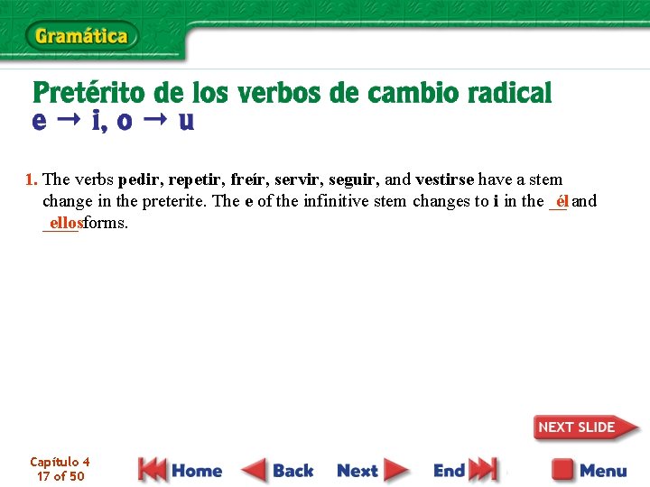 1. The verbs pedir, repetir, freír, servir, seguir, and vestirse have a stem él