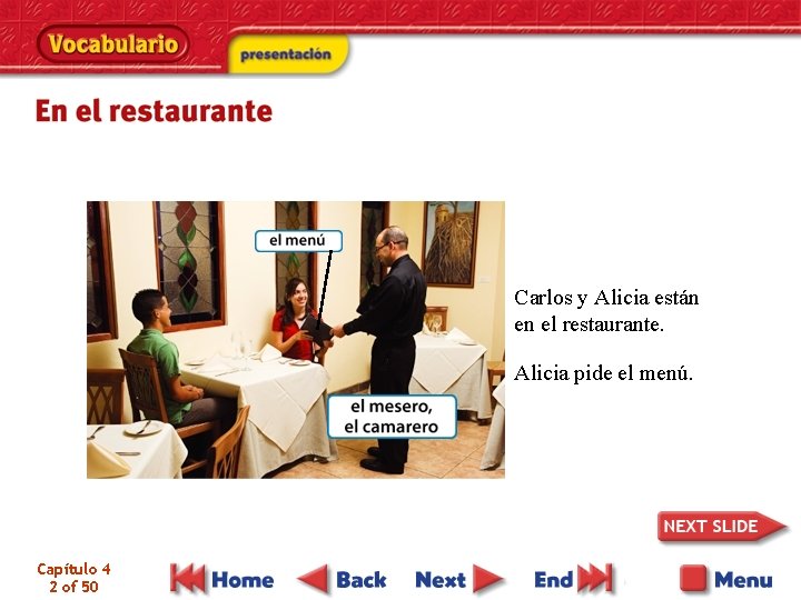 Carlos y Alicia están en el restaurante. Alicia pide el menú. Capítulo 4 2