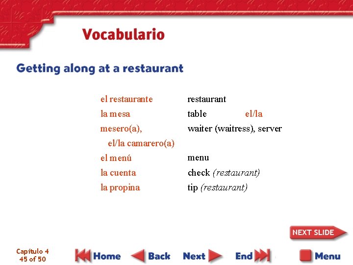 el restaurante la mesero(a), el/la camarero(a) el menú la cuenta la propina Capítulo 4
