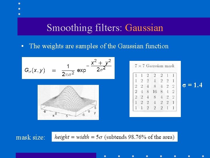Smoothing filters: Gaussian • The weights are samples of the Gaussian function σ =