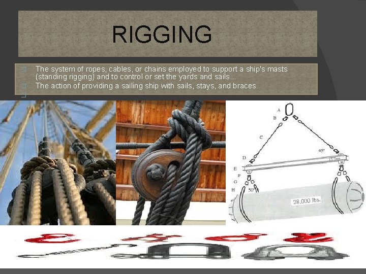RIGGING � � � The system of ropes, cables, or chains employed to support
