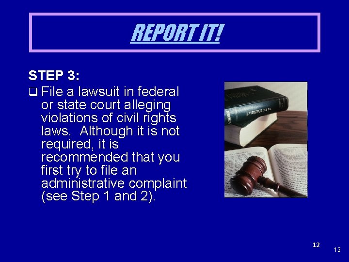 REPORT IT! STEP 3: q File a lawsuit in federal or state court alleging