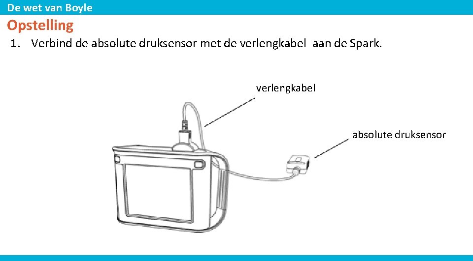 De wet van Boyle Opstelling 1. Verbind de absolute druksensor met de verlengkabel aan