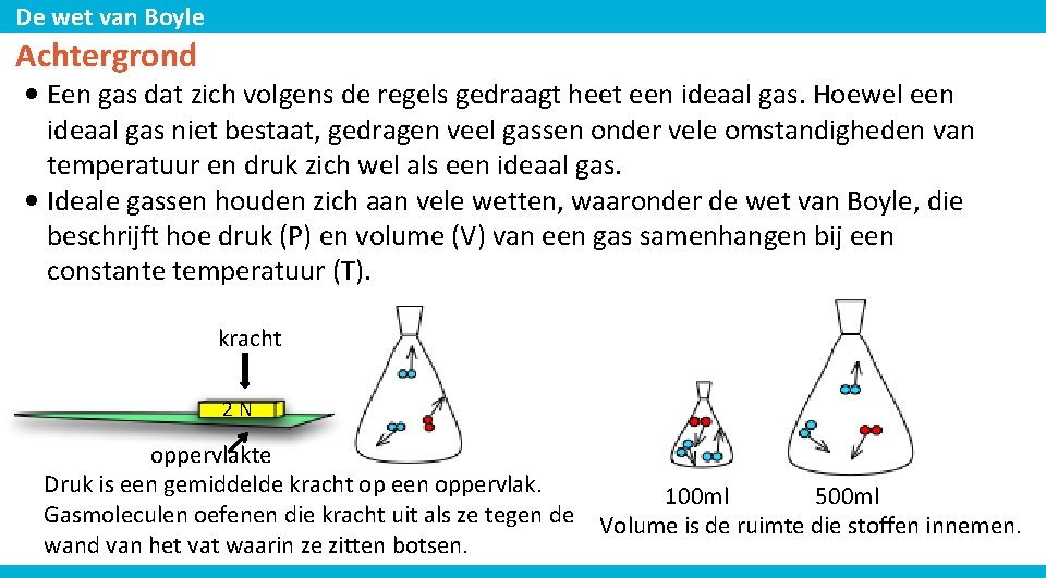 De wet van Boyle Achtergrond • Een gas dat zich volgens de regels gedraagt