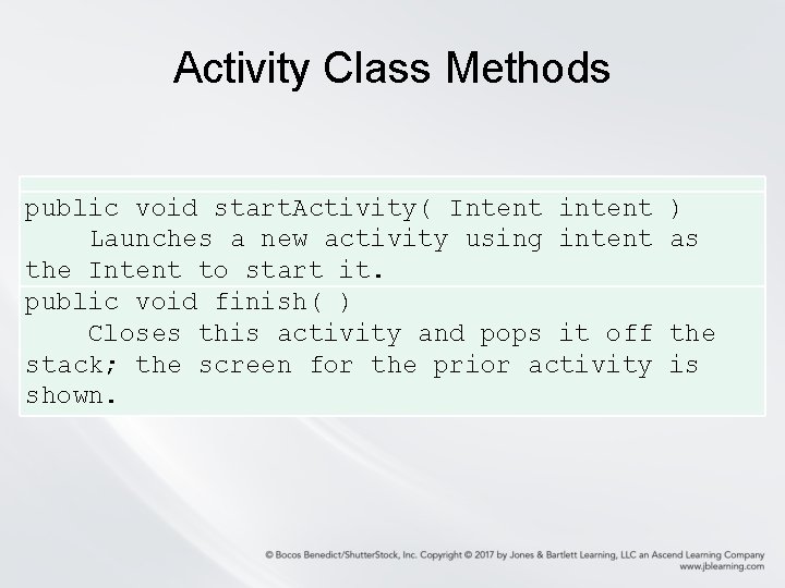 Activity Class Methods public void start. Activity( Intent intent Launches a new activity using Activity Class Methods public void start. Activity( Intent intent Launches a new activity using