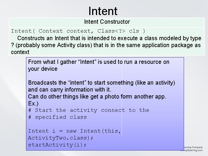 Intent Constructor Intent( Context context, Class<? > cls ) Constructs an Intent that is Intent Constructor Intent( Context context, Class<? > cls ) Constructs an Intent that is