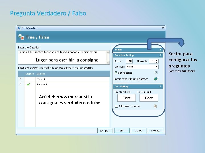 Pregunta Verdadero / Falso Lugar para escribir la consigna Sector para configurar las preguntas