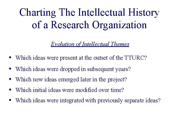 Charting The Intellectual History of a Research Organization Evolution of Intellectual Themes • •