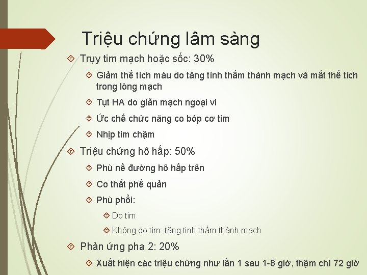 Triệu chứng lâm sàng Trụy tim mạch hoặc sốc: 30% Giảm thể tích máu