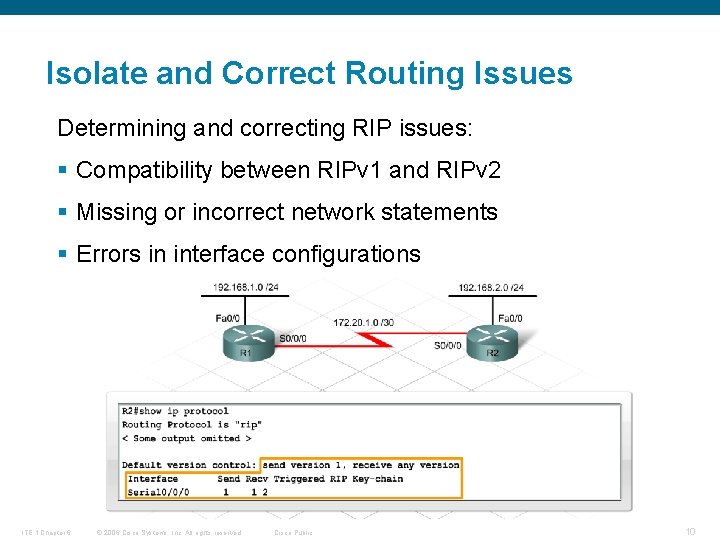Isolate and Correct Routing Issues Determining and correcting RIP issues: § Compatibility between RIPv