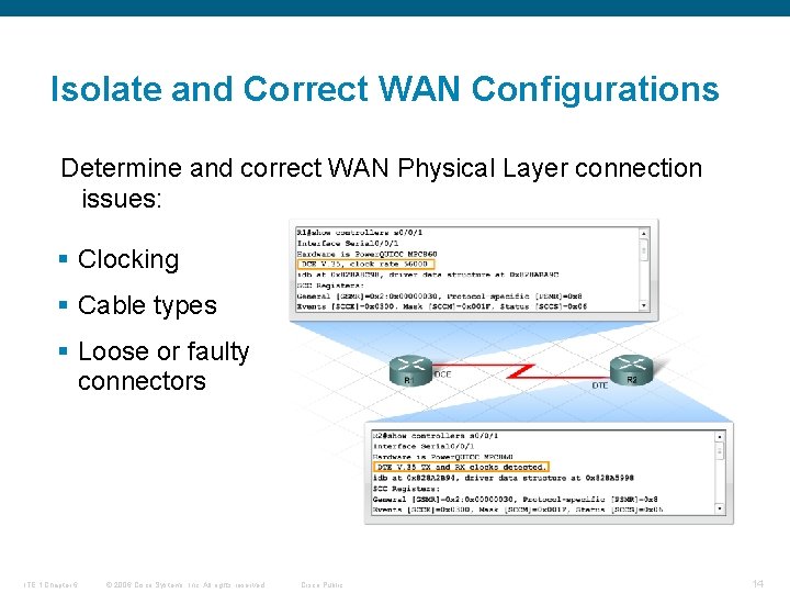 Isolate and Correct WAN Configurations Determine and correct WAN Physical Layer connection issues: §