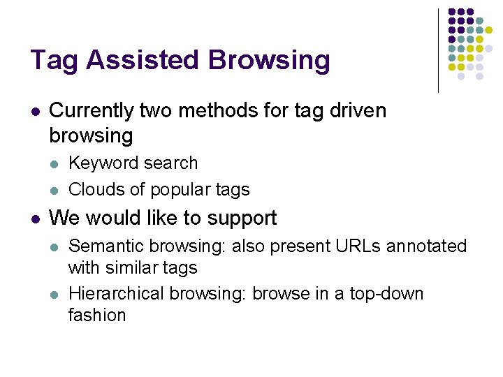Tag Assisted Browsing l Currently two methods for tag driven browsing l l l
