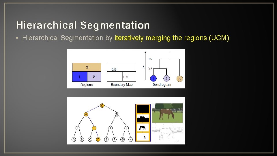Hierarchical Segmentation • Hierarchical Segmentation by iteratively merging the regions (UCM) 