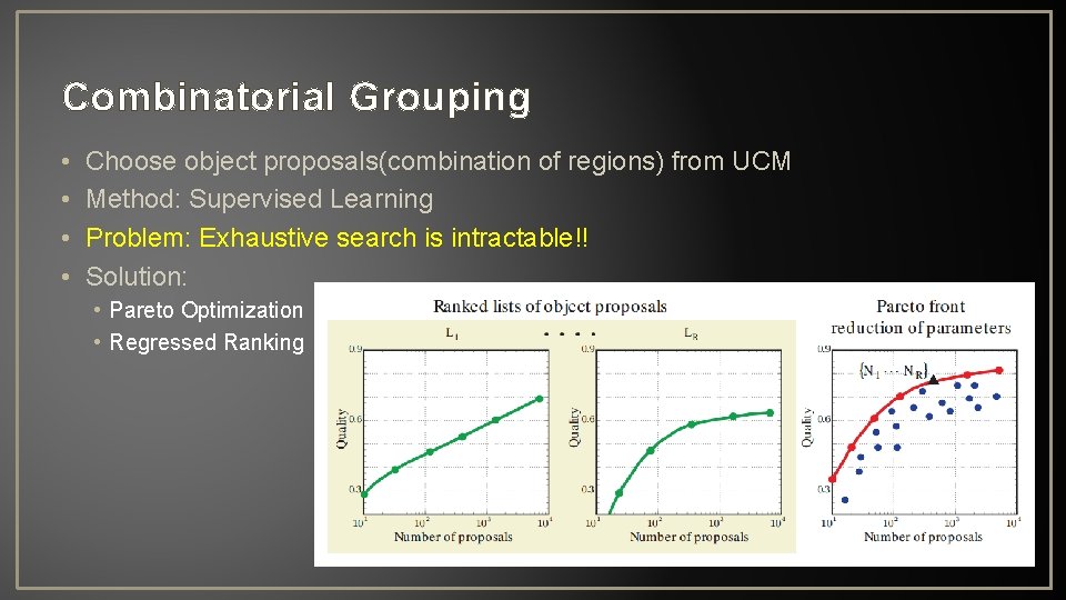 Combinatorial Grouping • • Choose object proposals(combination of regions) from UCM Method: Supervised Learning
