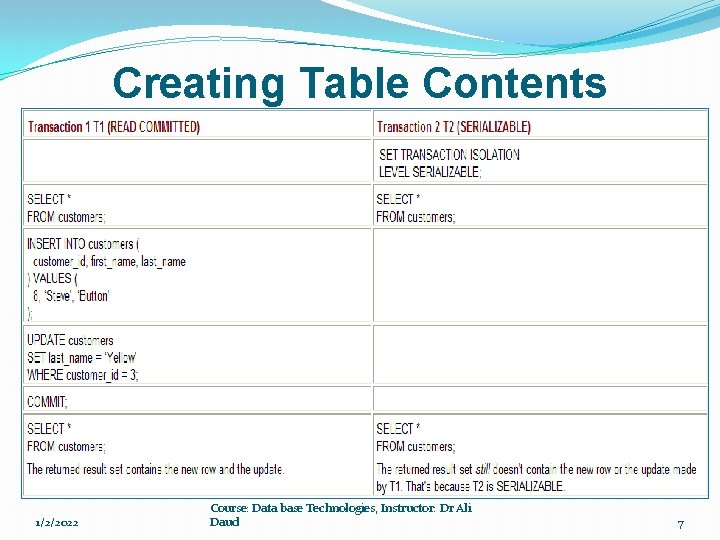 Creating Table Contents A SERIALIZABLE Transaction Example � An example that shows the effect