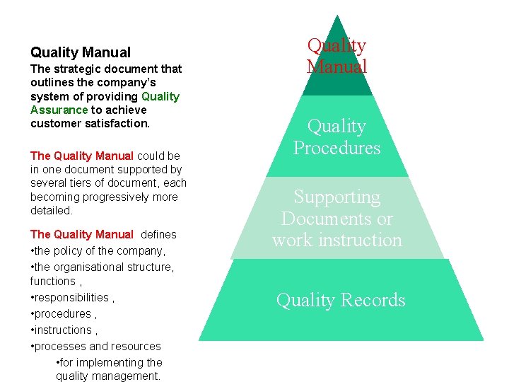 Quality Manual The strategic document that outlines the company’s system of providing Quality Assurance