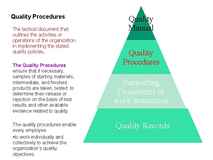 Quality Procedures The tactical document that outlines the activities or operations of the organization