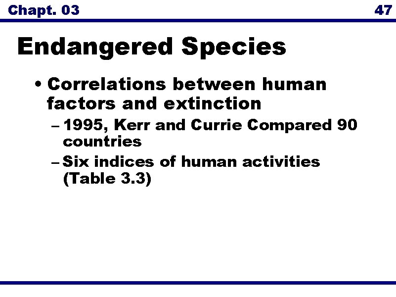 Chapt. 03 Endangered Species • Correlations between human factors and extinction – 1995, Kerr