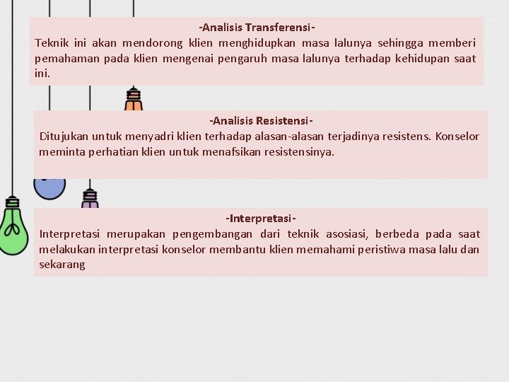 -Analisis Transferensi. Teknik ini akan mendorong klien menghidupkan masa lalunya sehingga memberi pemahaman pada