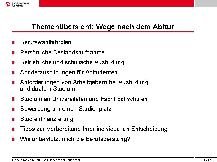 Themenübersicht: Wege nach dem Abitur Berufswahlfahrplan Persönliche Bestandsaufnahme Betriebliche und schulische Ausbildung Sonderausbildungen für