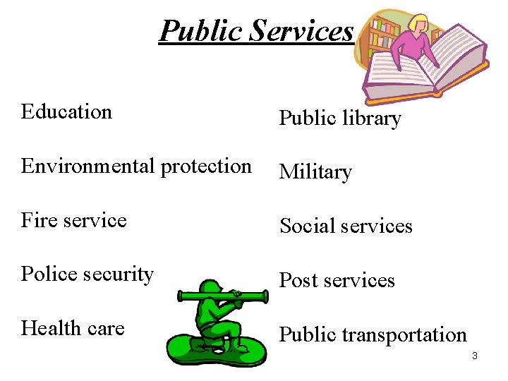 Public Services Education Public library Environmental protection Military Fire service Social services Police security