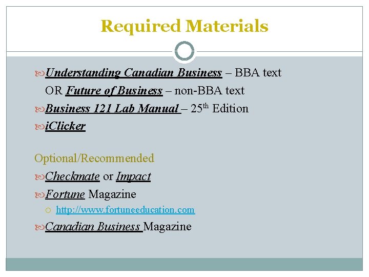 Required Materials Understanding Canadian Business – BBA text OR Future of Business – non-BBA