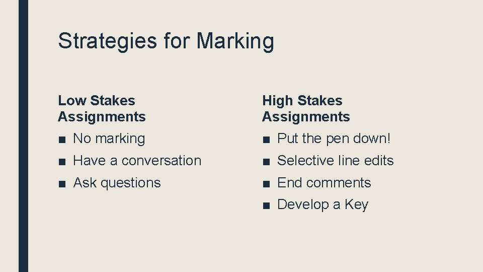 Strategies for Marking Low Stakes Assignments High Stakes Assignments ■ No marking ■ Put