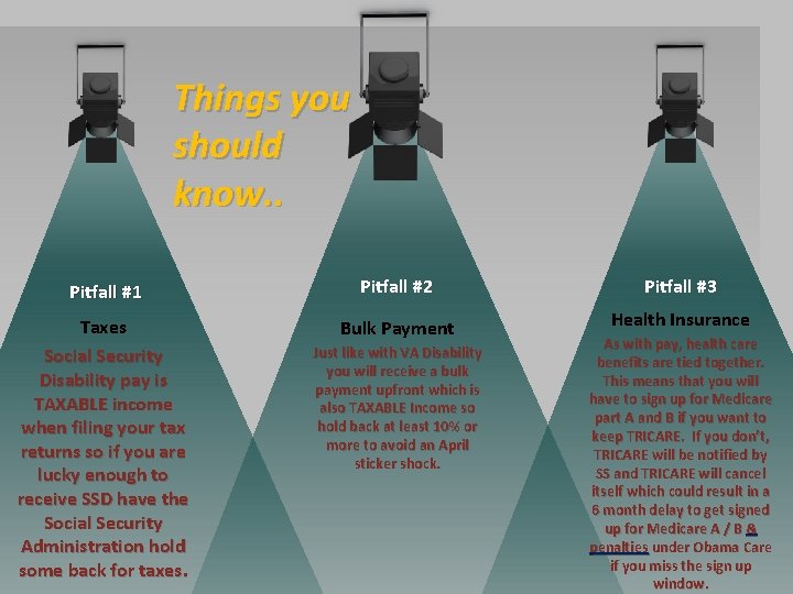 Things you should know. . Pitfall #1 Pitfall #2 Pitfall #3 Taxes Social Security