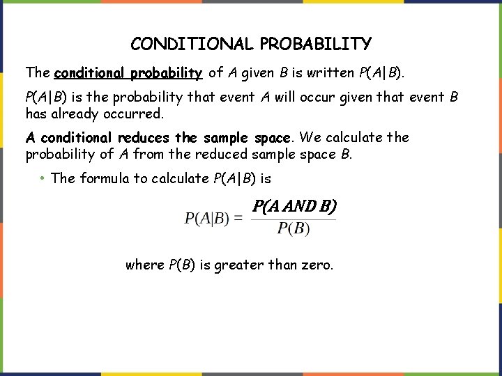 CONDITIONAL PROBABILITY The conditional probability of A given B is written P(A|B) is the