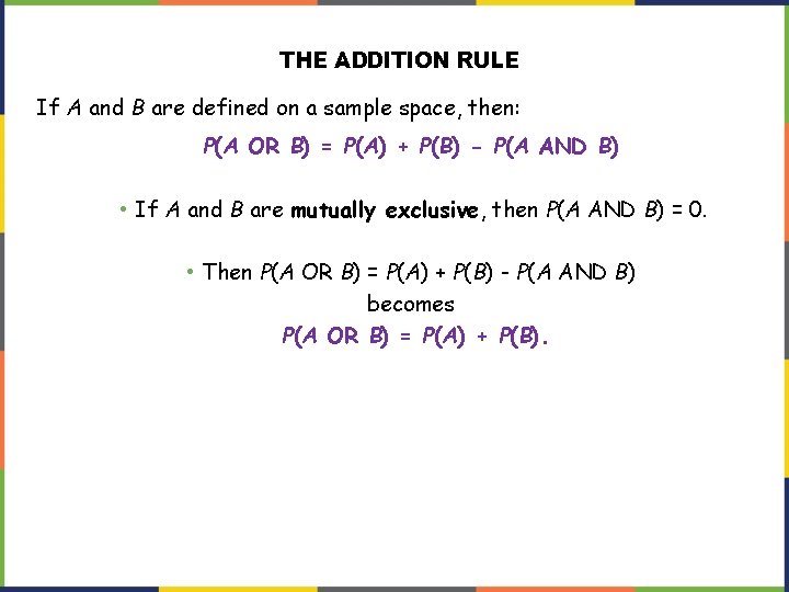 THE ADDITION RULE If A and B are defined on a sample space, then: