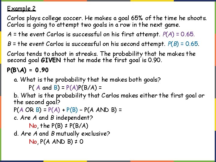 Example 2 Carlos plays college soccer. He makes a goal 65% of the time