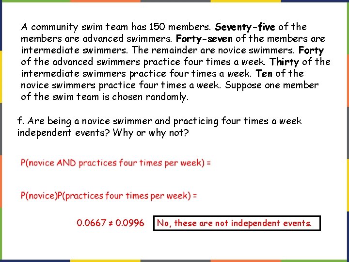 A community swim team has 150 members. Seventy-five of the members are advanced swimmers.