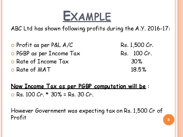 EXAMPLE ABC Ltd has shown following profits during the A. Y. 2016 -17: Profit