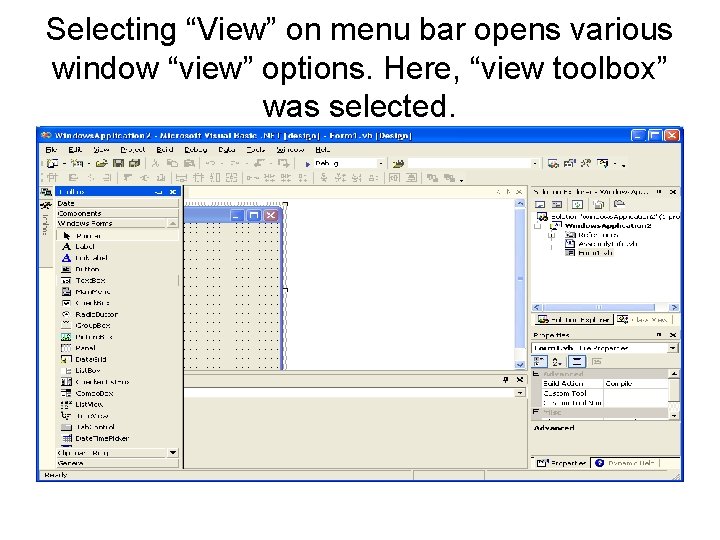 Selecting “View” on menu bar opens various window “view” options. Here, “view toolbox” was