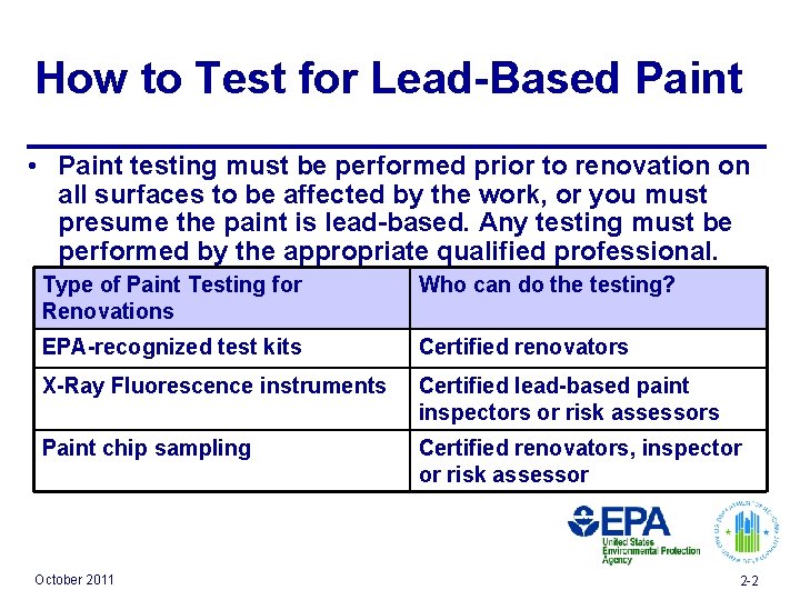 How to Test for Lead-Based Paint • Paint testing must be performed prior to