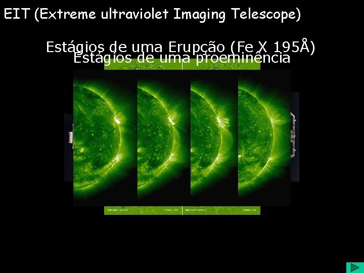 EIT (Extreme ultraviolet Imaging Telescope) Estágios de uma Erupção (Fe X 195Å) Estágios de