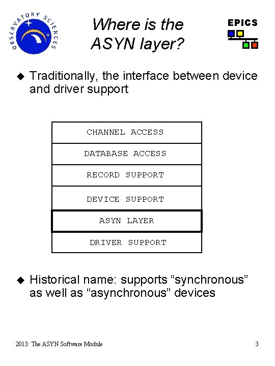 Where is the ASYN layer? u EPICS Traditionally, the interface between device and driver