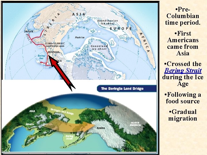  • Pre. Columbian time period. • First Americans came from Asia • Crossed