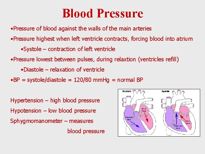 Blood Pressure • Pressure of blood against the walls of the main arteries •