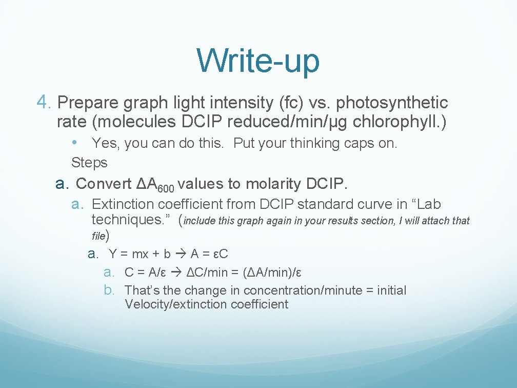 Write-up 4. Prepare graph light intensity (fc) vs. photosynthetic rate (molecules DCIP reduced/min/µg chlorophyll.