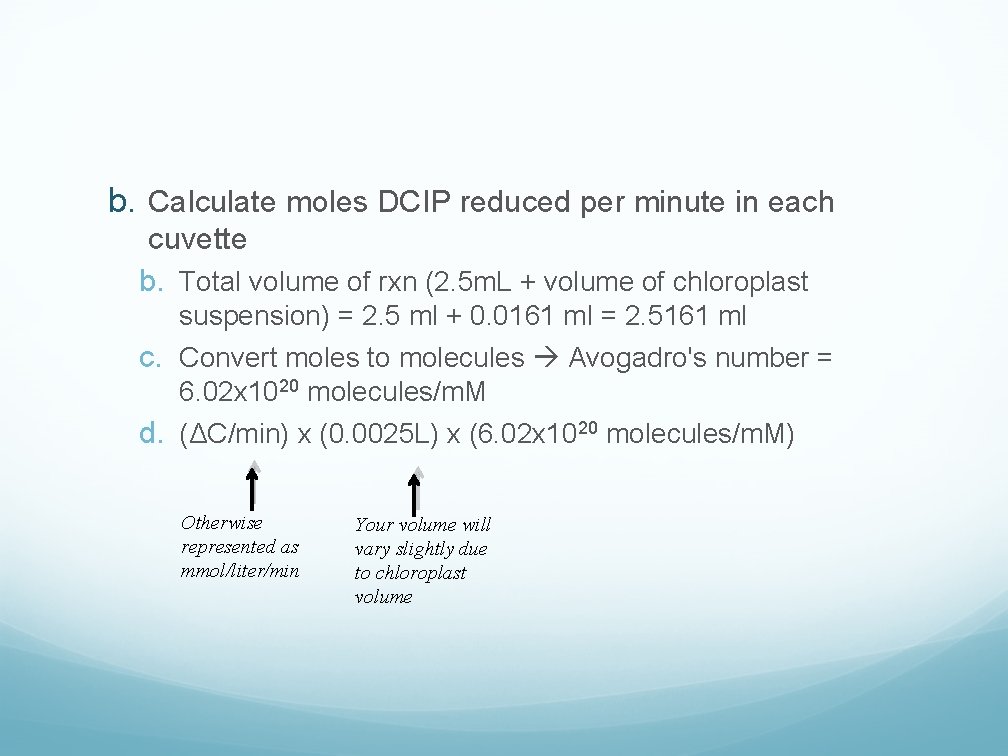 b. Calculate moles DCIP reduced per minute in each cuvette b. Total volume of