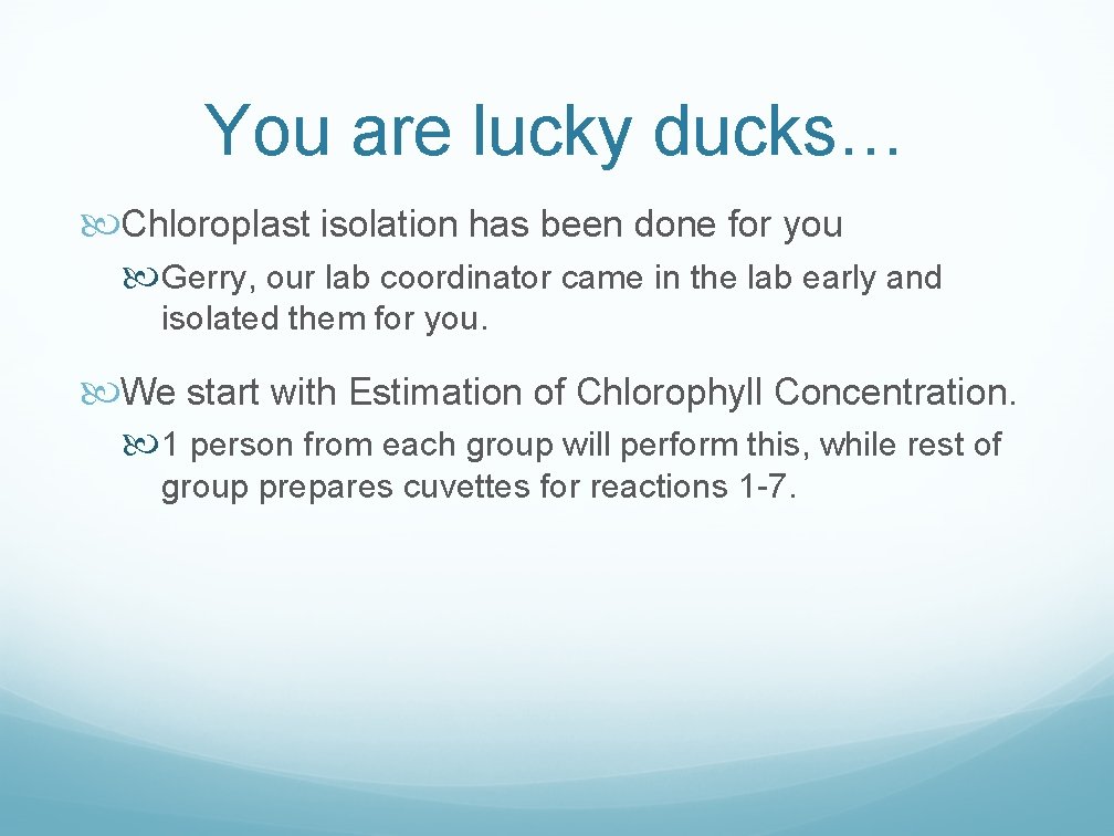 You are lucky ducks… Chloroplast isolation has been done for you Gerry, our lab