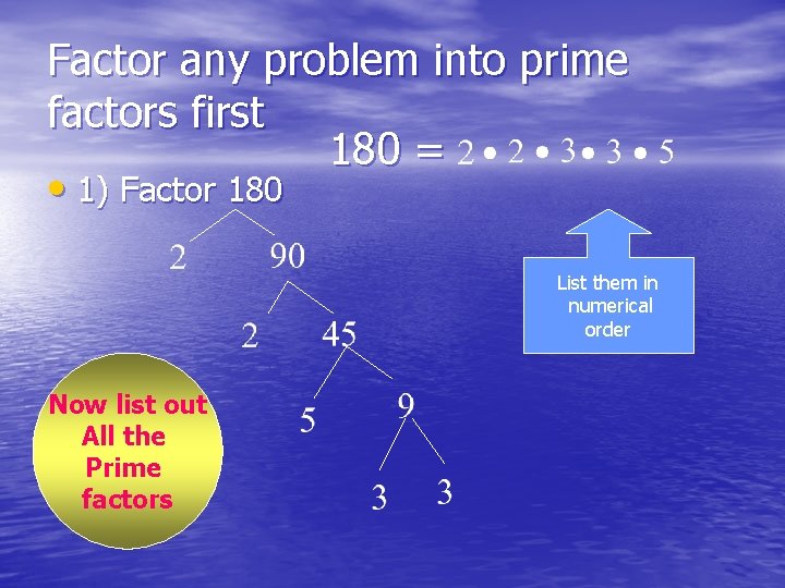 Factor any problem into prime factors first 180 = • 1) Factor 180 List