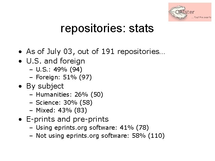 repositories: stats • As of July 03, out of 191 repositories… • U. S.