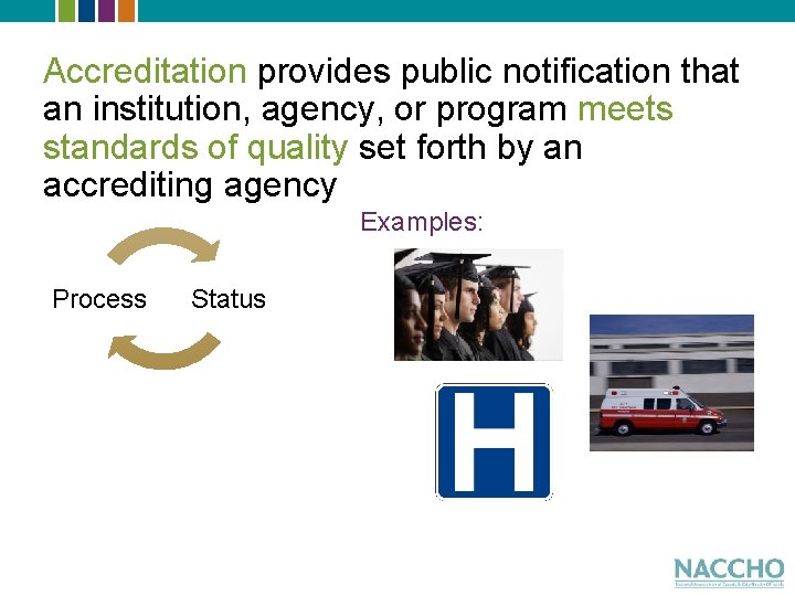 Accreditation provides public notification that an institution, agency, or program meets standards of quality